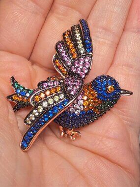 Bird Brooch Colorful Rhinestone Multi Tone Convertible Pendant